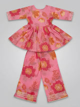 Girls Pink Floral Printed Angrakha Sharara Set.