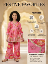 Girls Pink Floral Printed Angrakha Sharara Set.