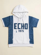 Boys White & Blue Hooded Casual T-Shirt