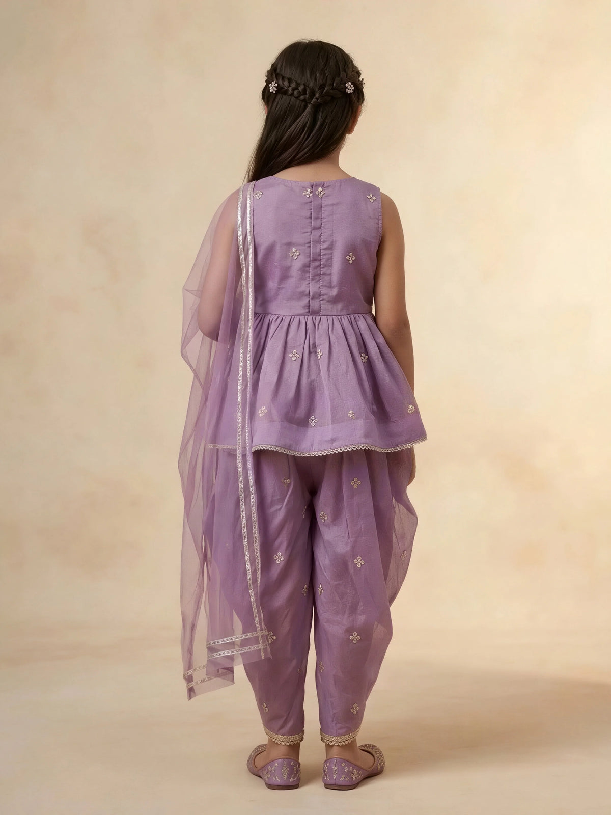 Girls Purple Embroidered Kurti Dhoti Set with Dupatta.