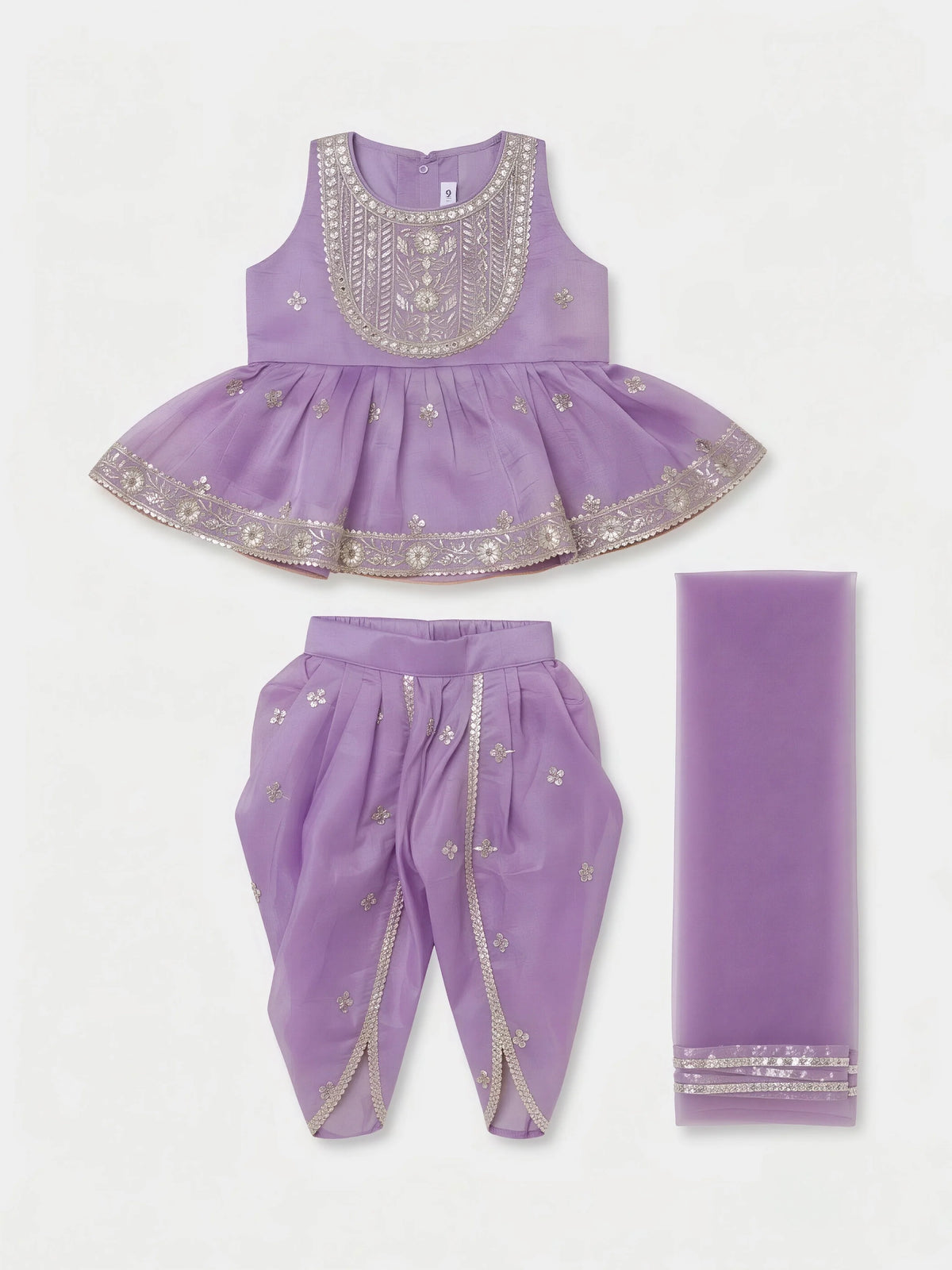 Girls Purple Embroidered Kurti Dhoti Set with Dupatta.