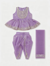 Girls Purple Embroidered Kurti Dhoti Set with Dupatta.