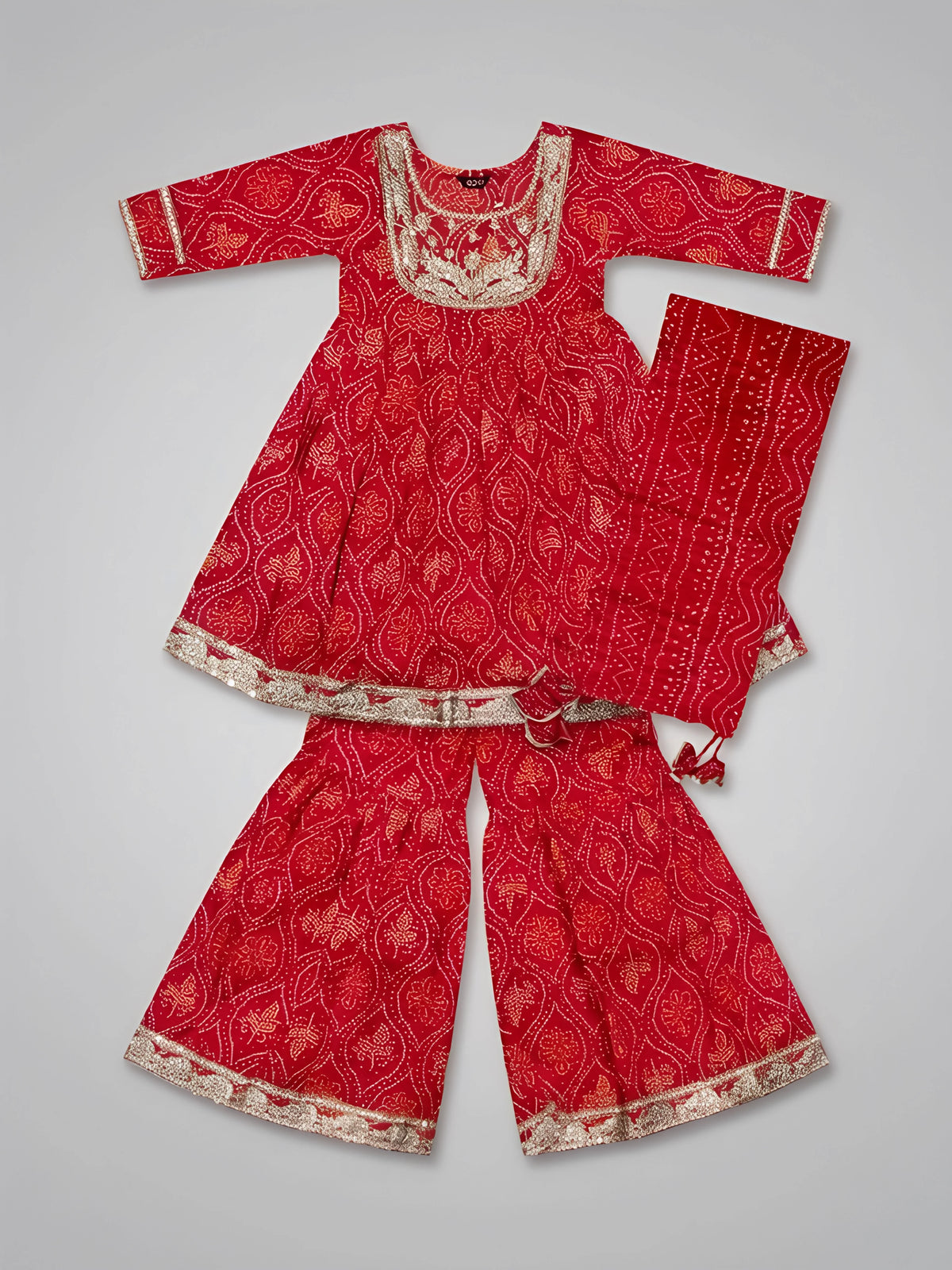 Girls Red Bandhani Sharara Set with Embroidery.