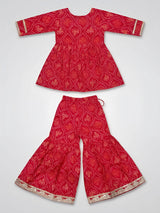 Girls Red Bandhani Sharara Set with Embroidery.
