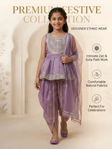 Girls Purple Embroidered Kurti Dhoti Set with Dupatta.