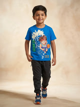 Blue graphic print t-shirt for boys with short sleeves and anime basketball theme.