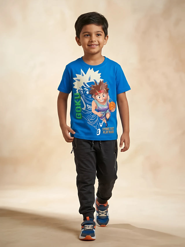 Blue graphic print t-shirt for boys with short sleeves and anime basketball theme.