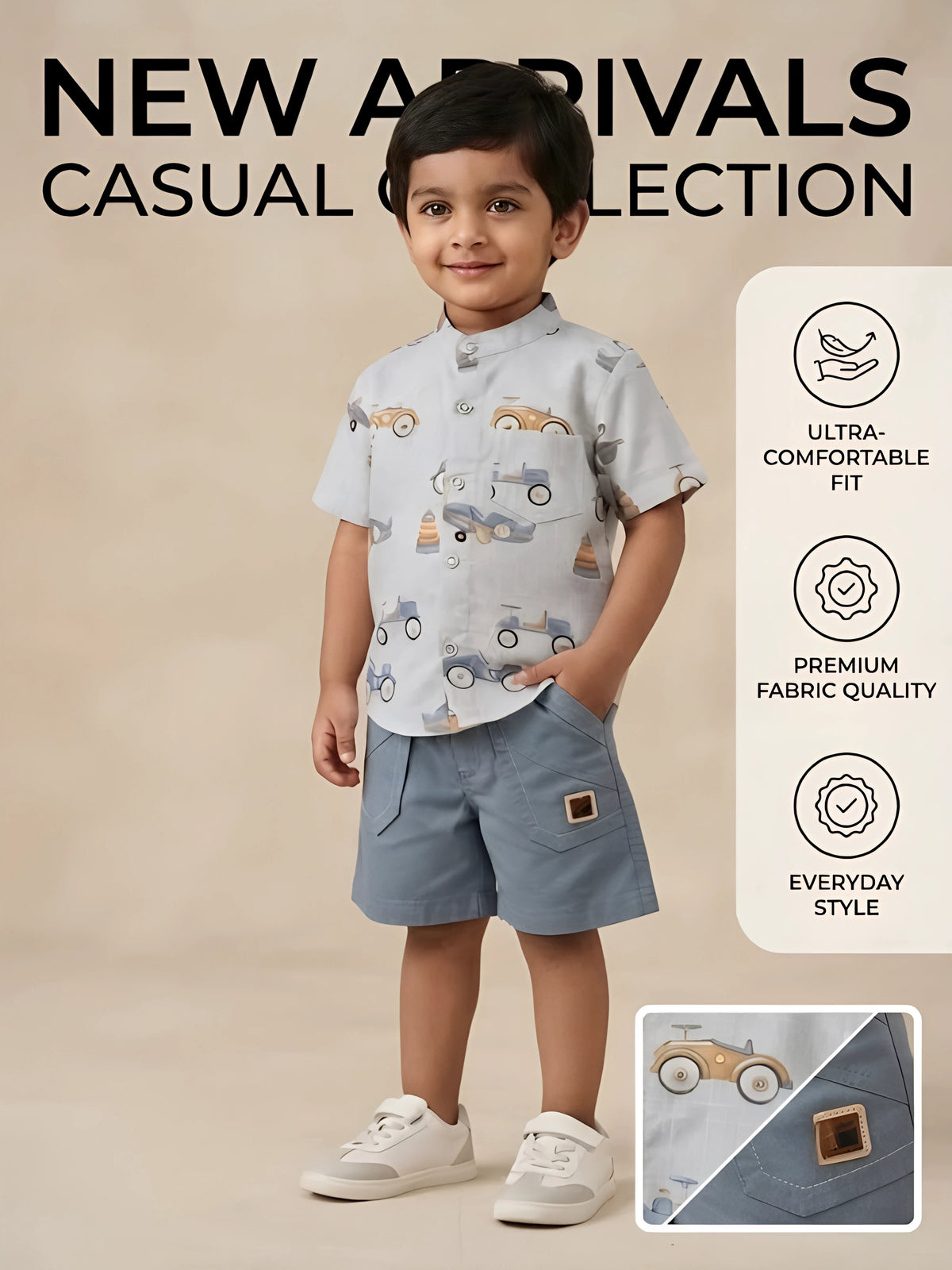 Boys Light Blue Printed Shirt and Shorts Set.