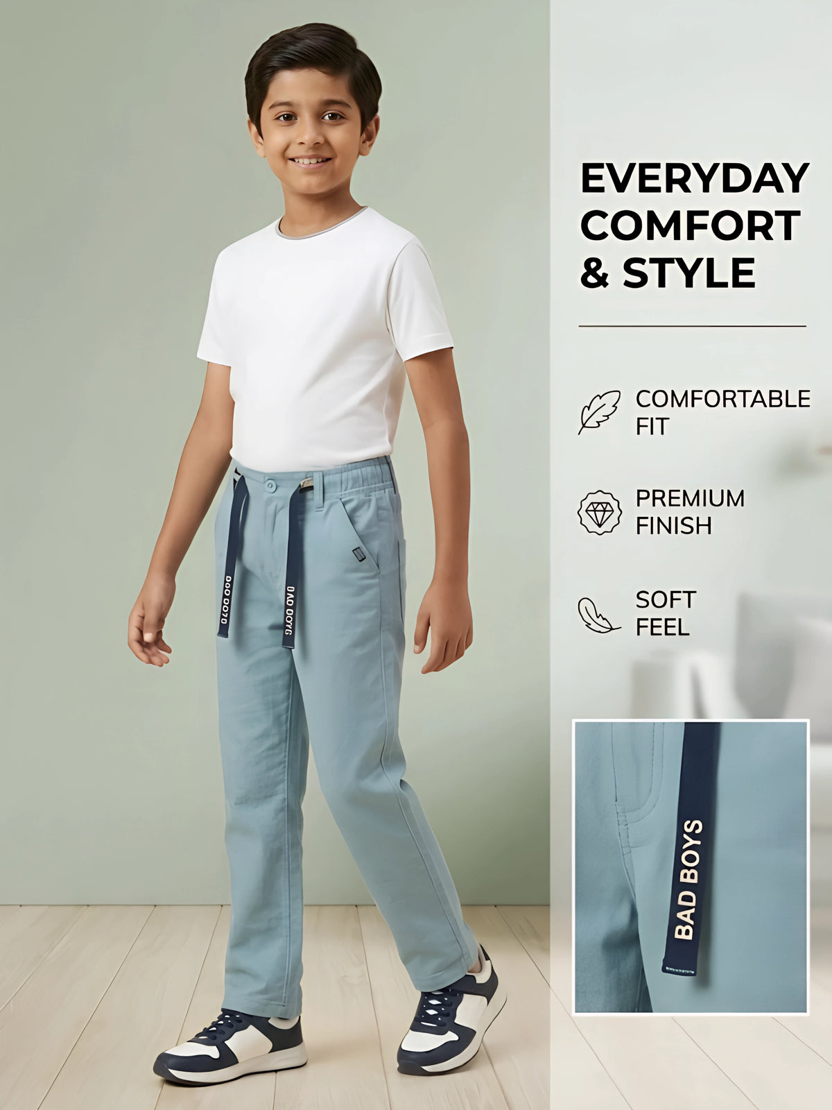 Boys Blue Casual Stretch Trousers with Drawstring Accent