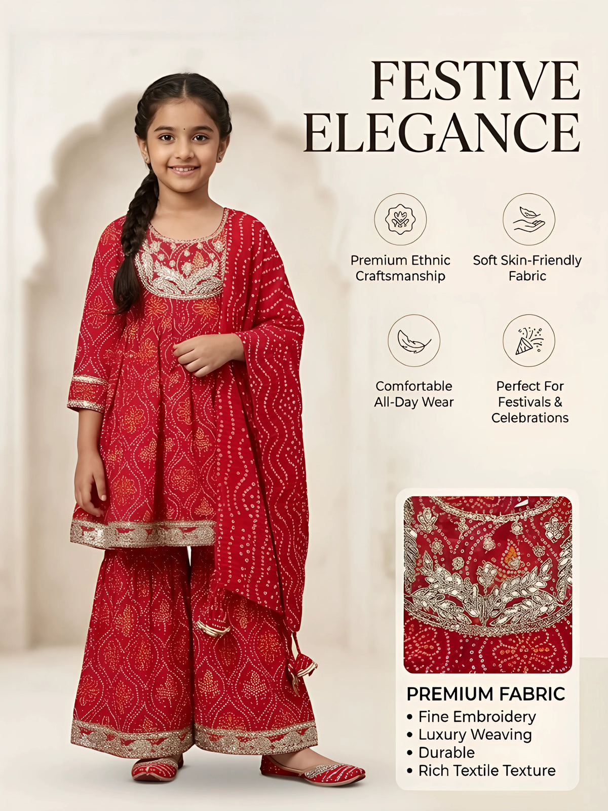 Girls Red Bandhani Sharara Set with Embroidery.