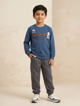 Navy blue graphic printed cotton T-Shirt for boys with skateboard character design.