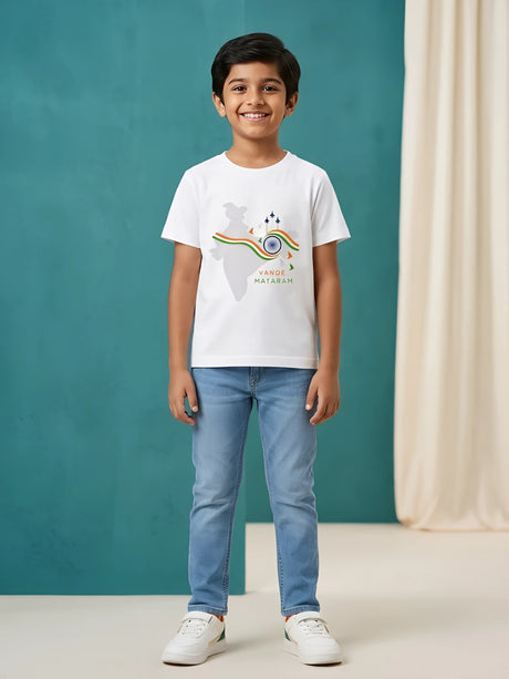 Young boy wearing a white half-sleeve round neck t-shirt featuring India map graphic print with tricolor and Vande Mataram text.