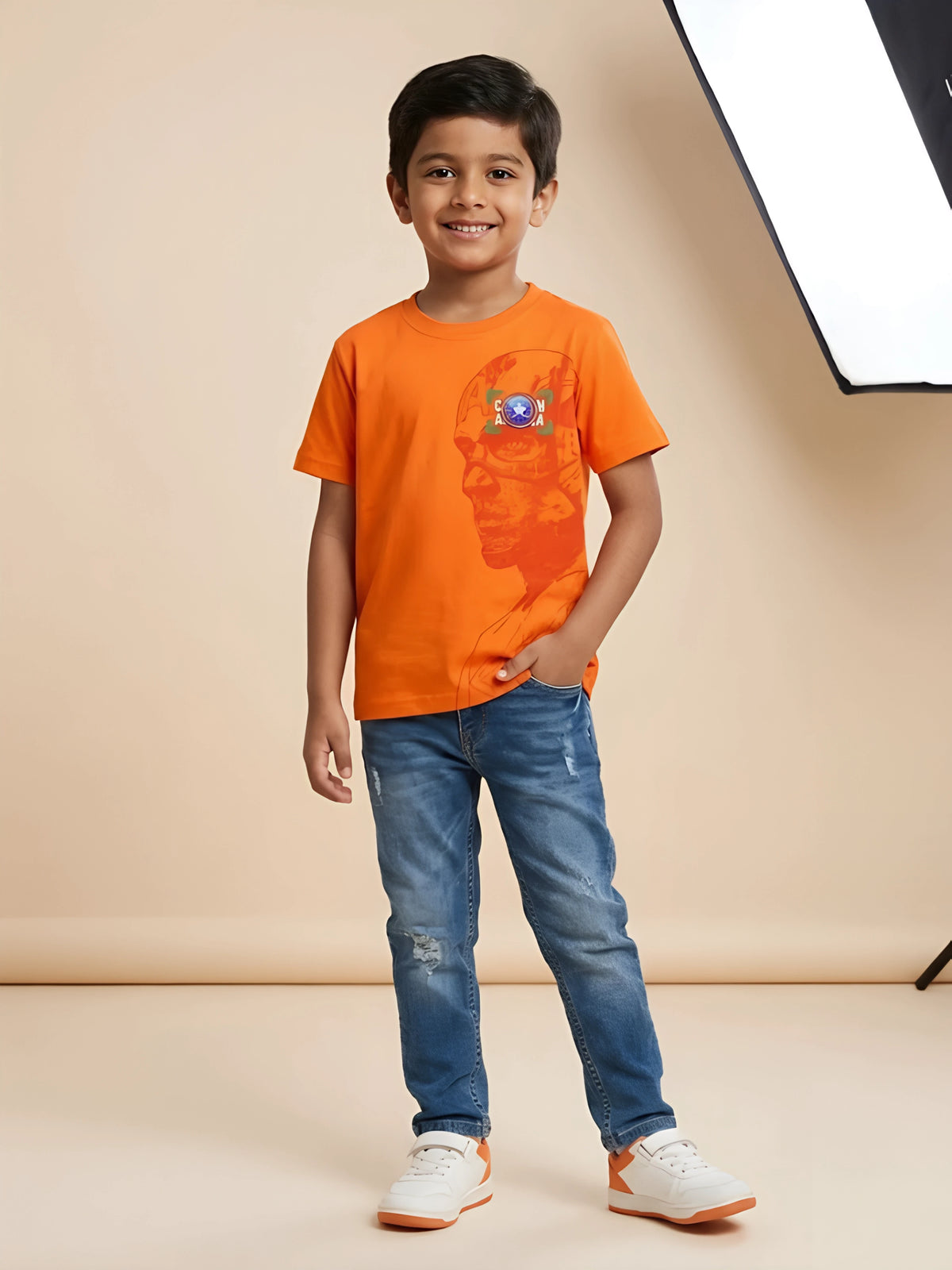 Orange graphic print round neck short sleeve t-shirt for boys.