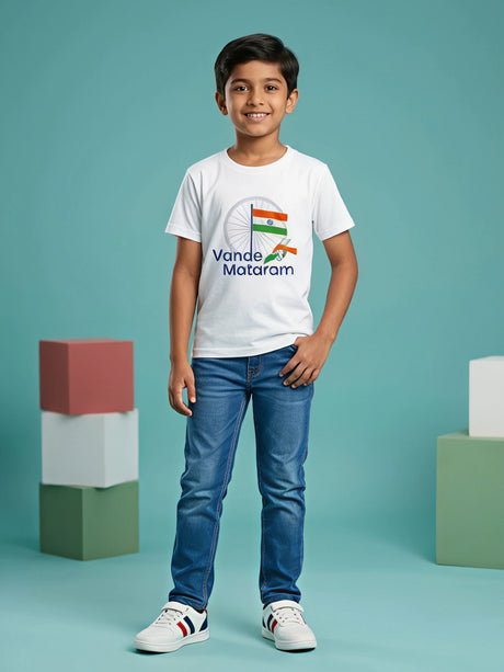 A smiling young boy wearing a white Vande Mataram graphic t-shirt with blue jeans for Independence Day.