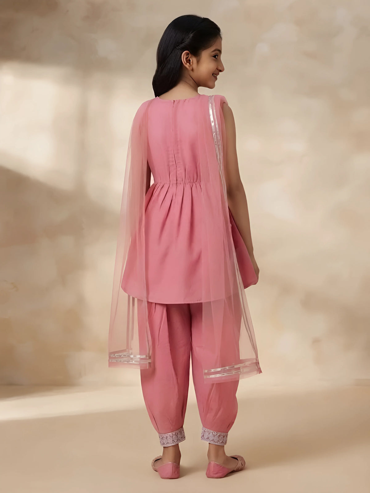 Girls Pink Embroidered Dhoti Suit Set.
