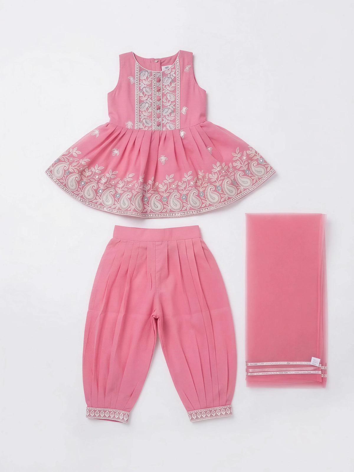 Girls Pink Embroidered Dhoti Suit Set.