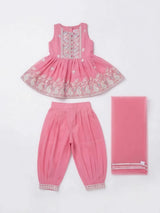 Girls Pink Embroidered Dhoti Suit Set.