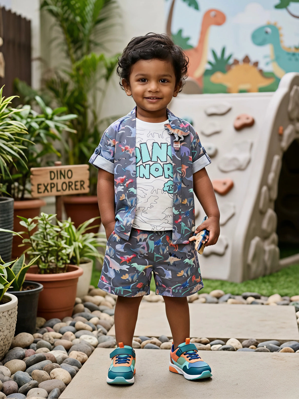 Boys Grey Dinosaur Print Cotton Co-ord Set