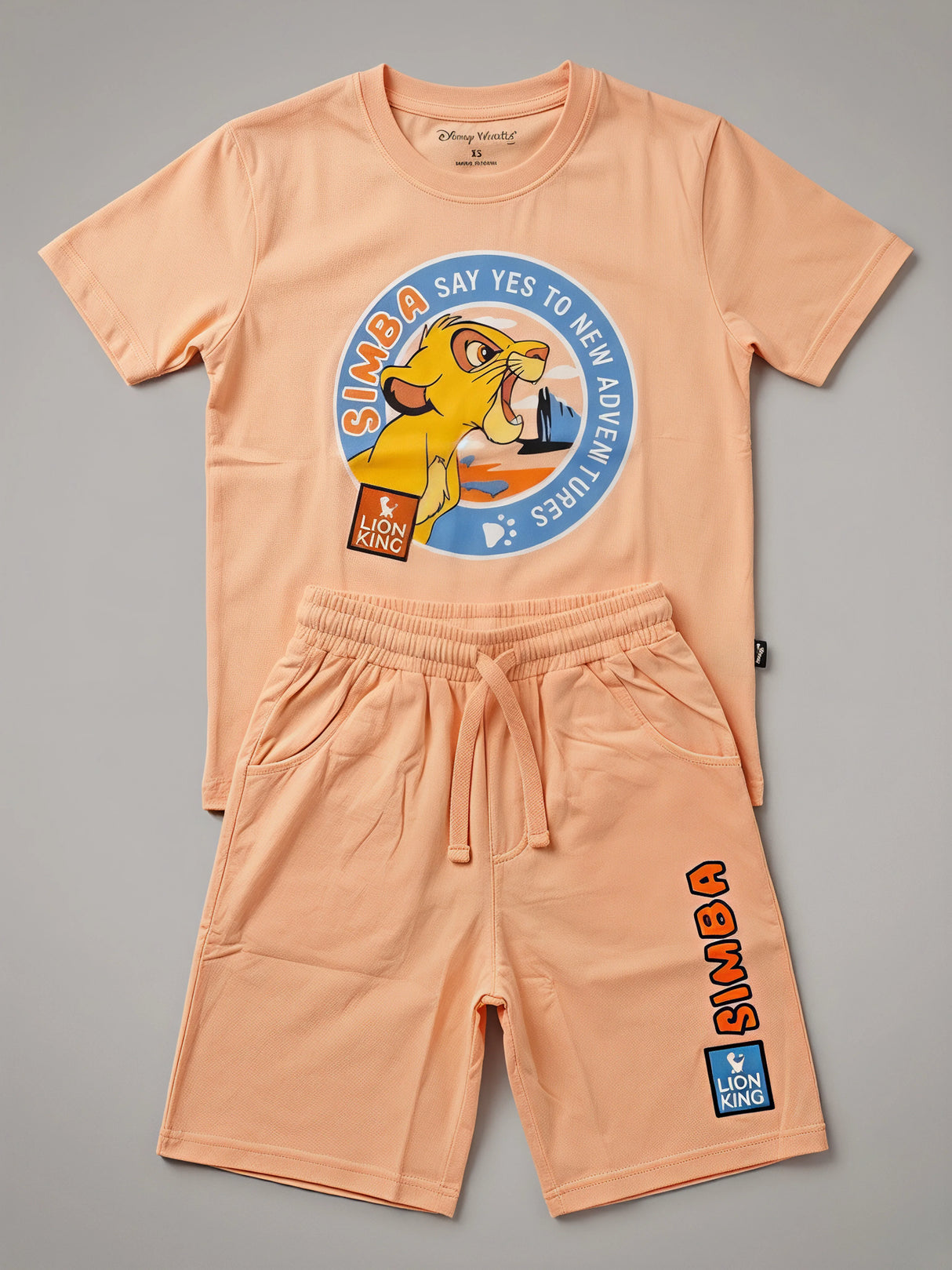 Boys Peach Simba Print Cotton T-Shirt and Shorts Co-ord Set
