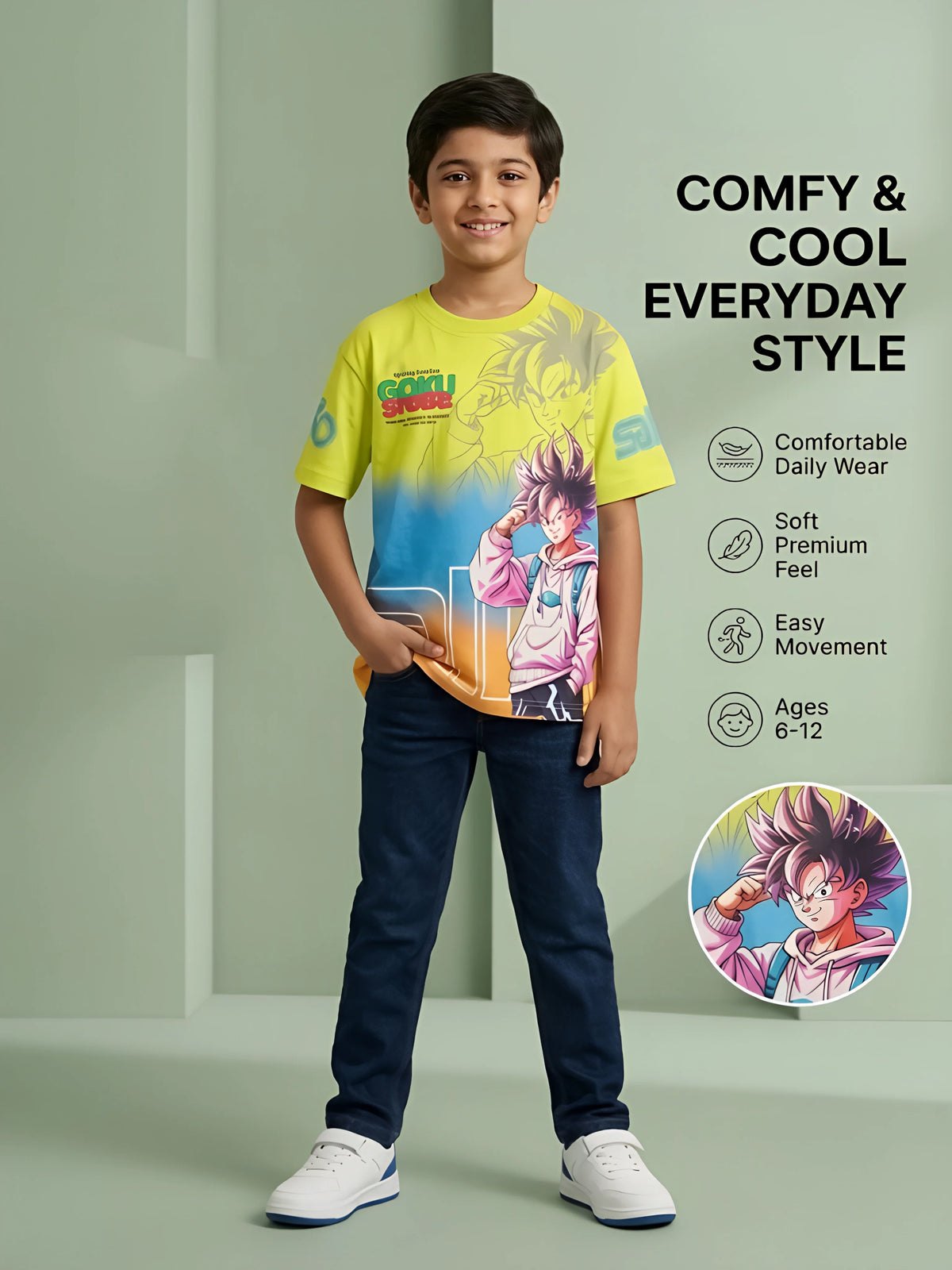 Boys Green Anime Graphic Printed Casual T-Shirt