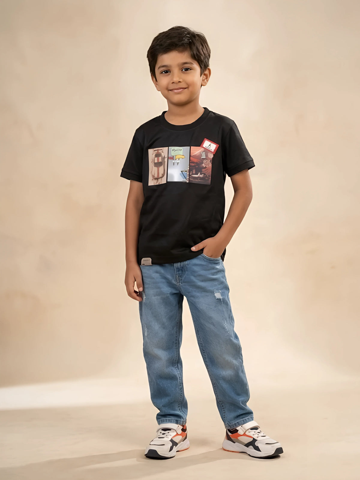 Black graphic print t-shirt for boys featuring a cool car design on the front.
