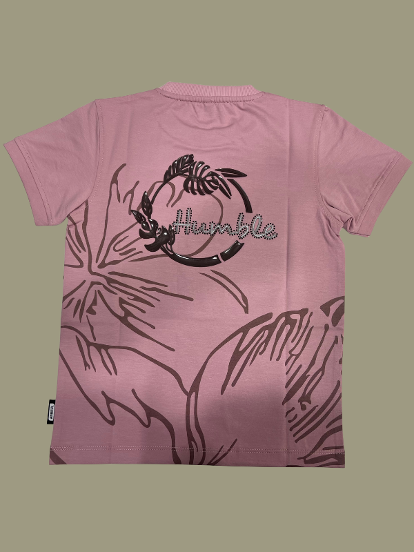 Dusty Mauve/Purple boys' short-sleeve T-shirt with a large, subtle outline floral graphic and a small circular "humble" logo on the chest.