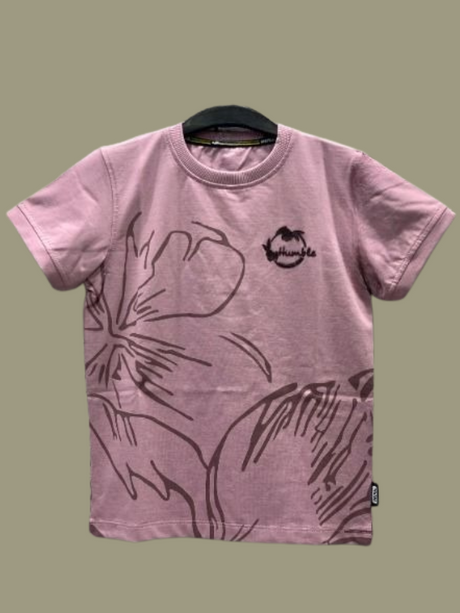 Dusty Mauve/Purple boys' short-sleeve T-shirt with a large, subtle outline floral graphic and a small circular "humble" logo on the chest.