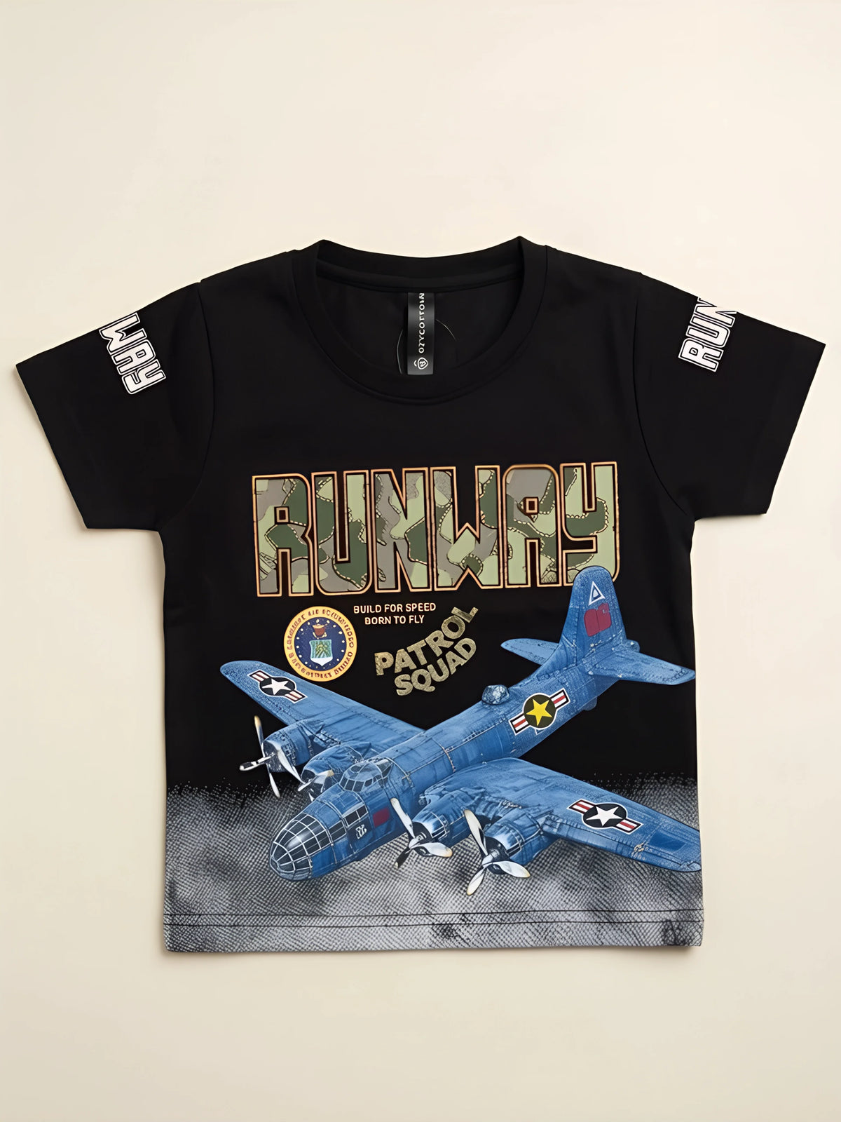 Boys Black Runway Airplane Printed Casual T-Shirt