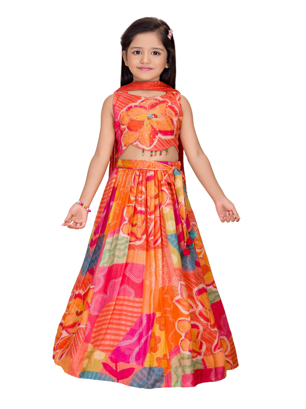 Girls' Orange & Pink Lehenga Choli