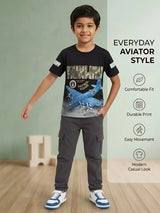 Boys Black Runway Airplane Printed Casual T-Shirt