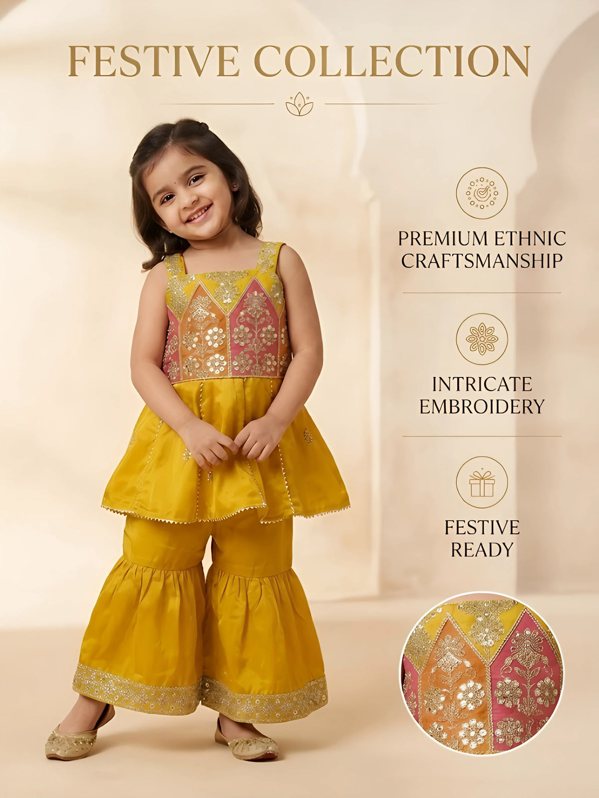 Yellow Embroidered Sharara Set Kids Ethnic Wear Festive.