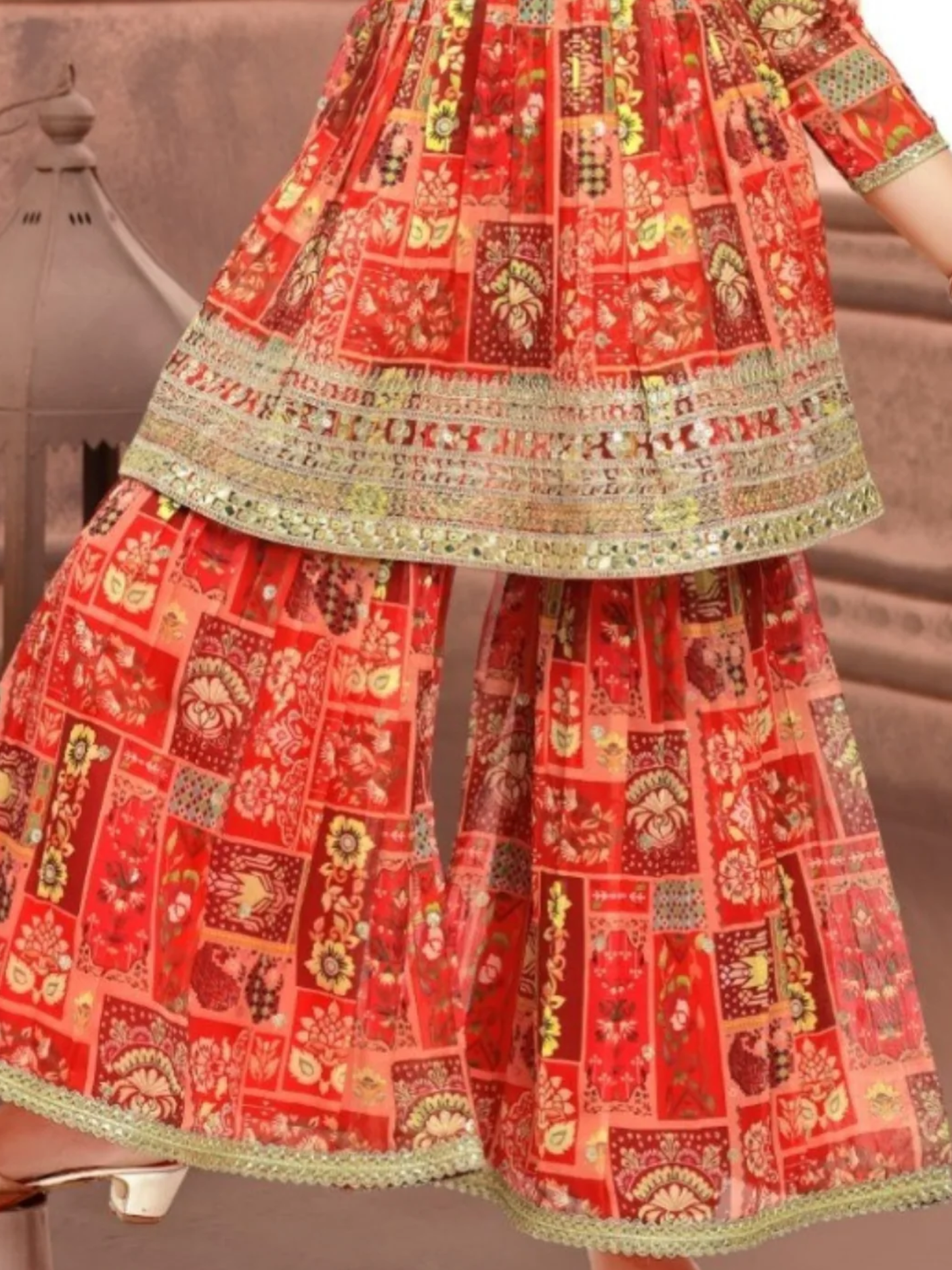 Girls' Vibrant Red Printed Sharara Suit with V-Neck Tunic & Gota Patti Trim