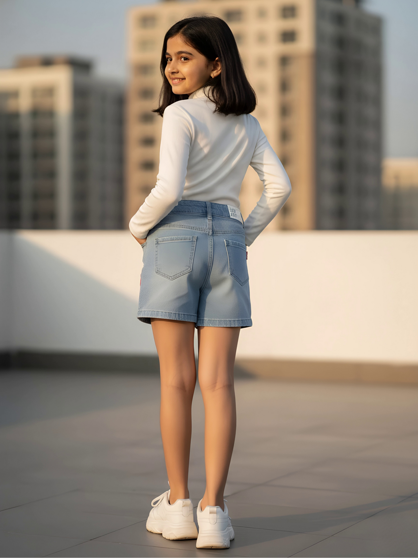 Girls' Light Blue Denim Shorts with Vibrant Graphic Patches and Relaxed Fit.