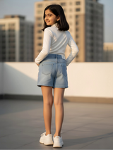 Girls' Light Blue Denim Shorts with Vibrant Graphic Patches and Relaxed Fit.