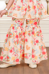 Floral Print Cream Peplum Top & Tiered Sharara Set for Girls