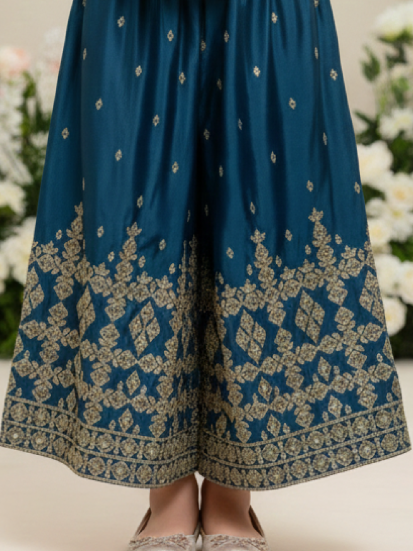 Girls' Deep Teal (Grey) Embroidered Crop Top, Palazzo & Jacket Set