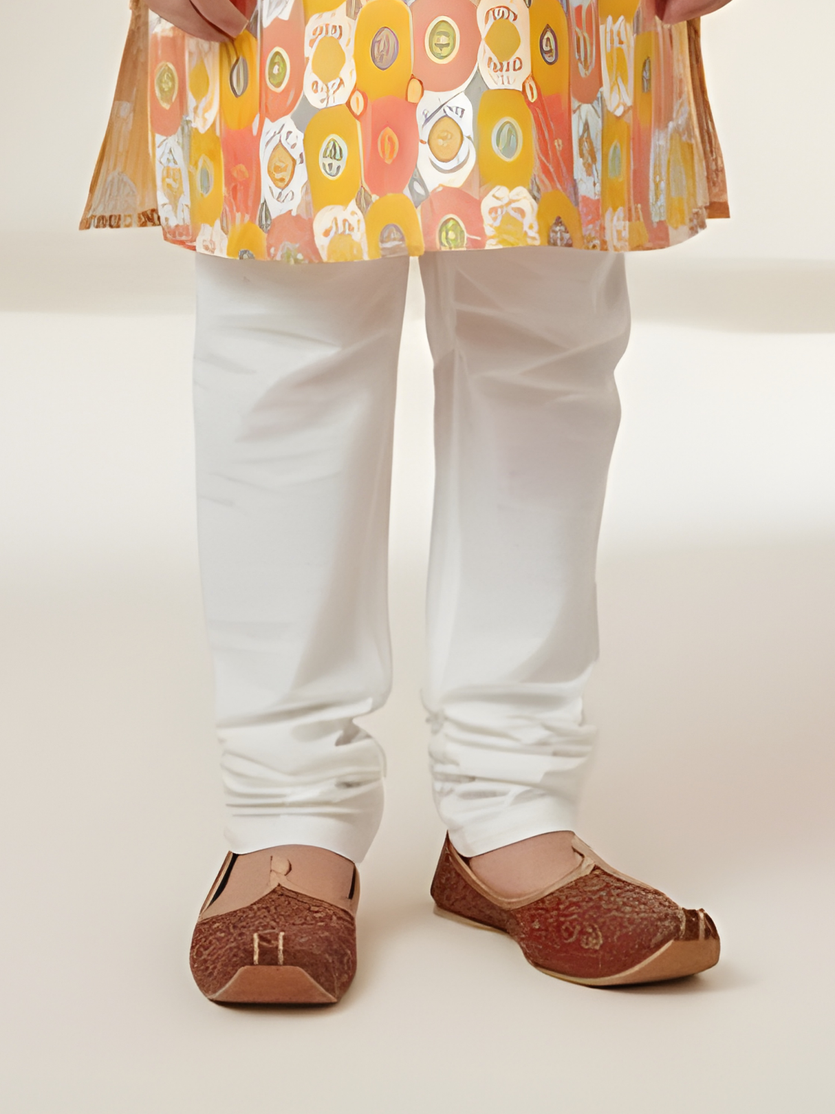 Boys' Yellow & Pink Printed Kurta with Cream Pyjama Set.