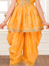 Girls Sleeveless Yellow Bandhani Print Peplum Top and Patiala Suit