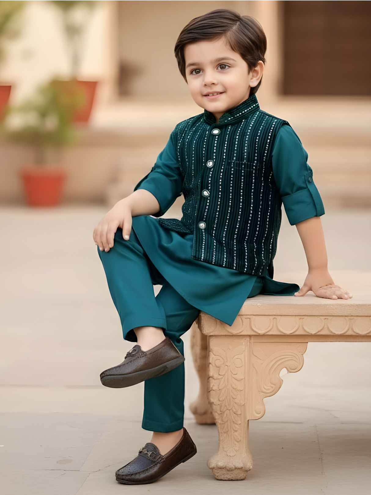 Boys Deep Teal Green Kurta Set