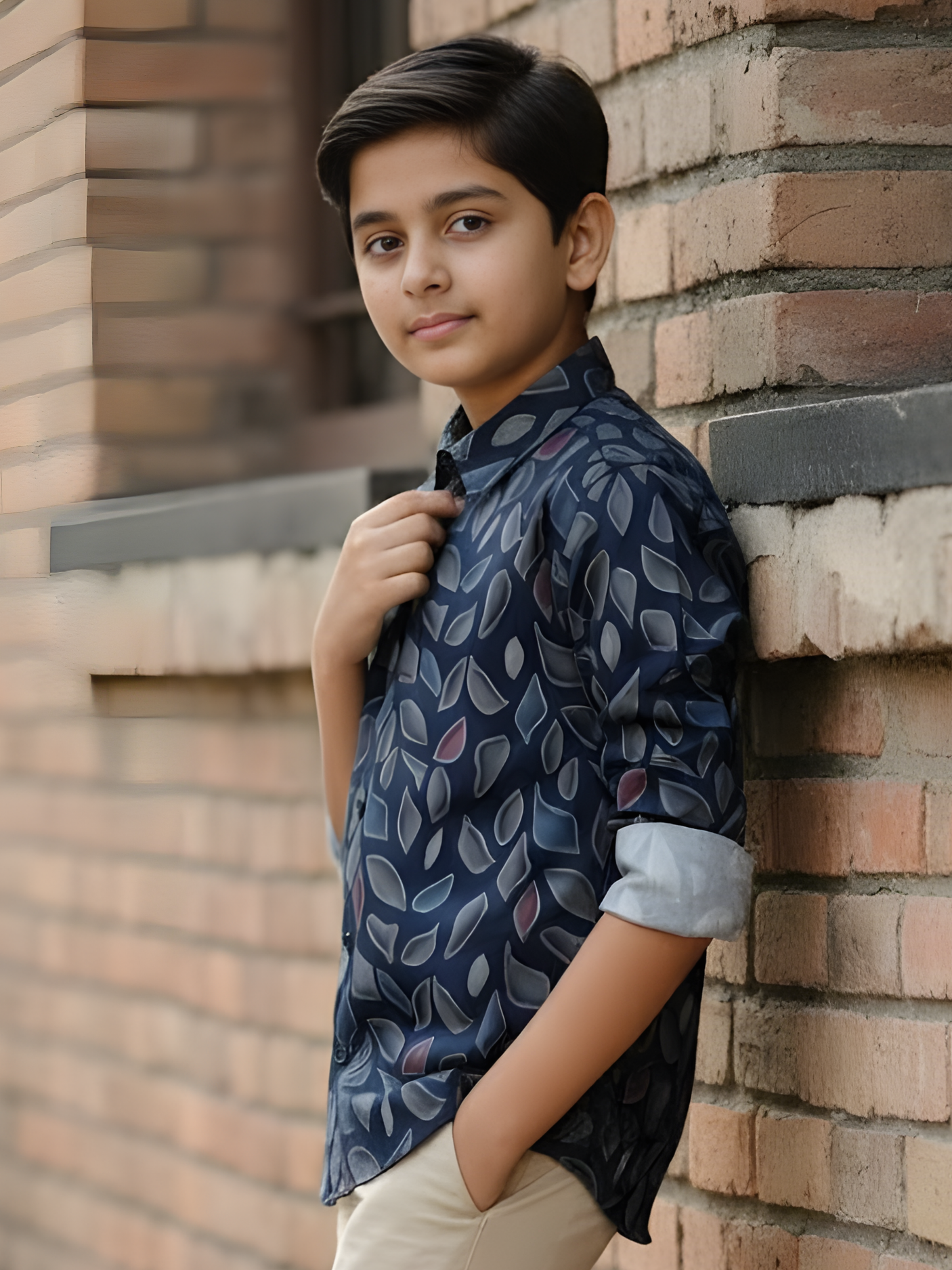Boys Navy Blue Abstract Leaf Print Casual Shirt