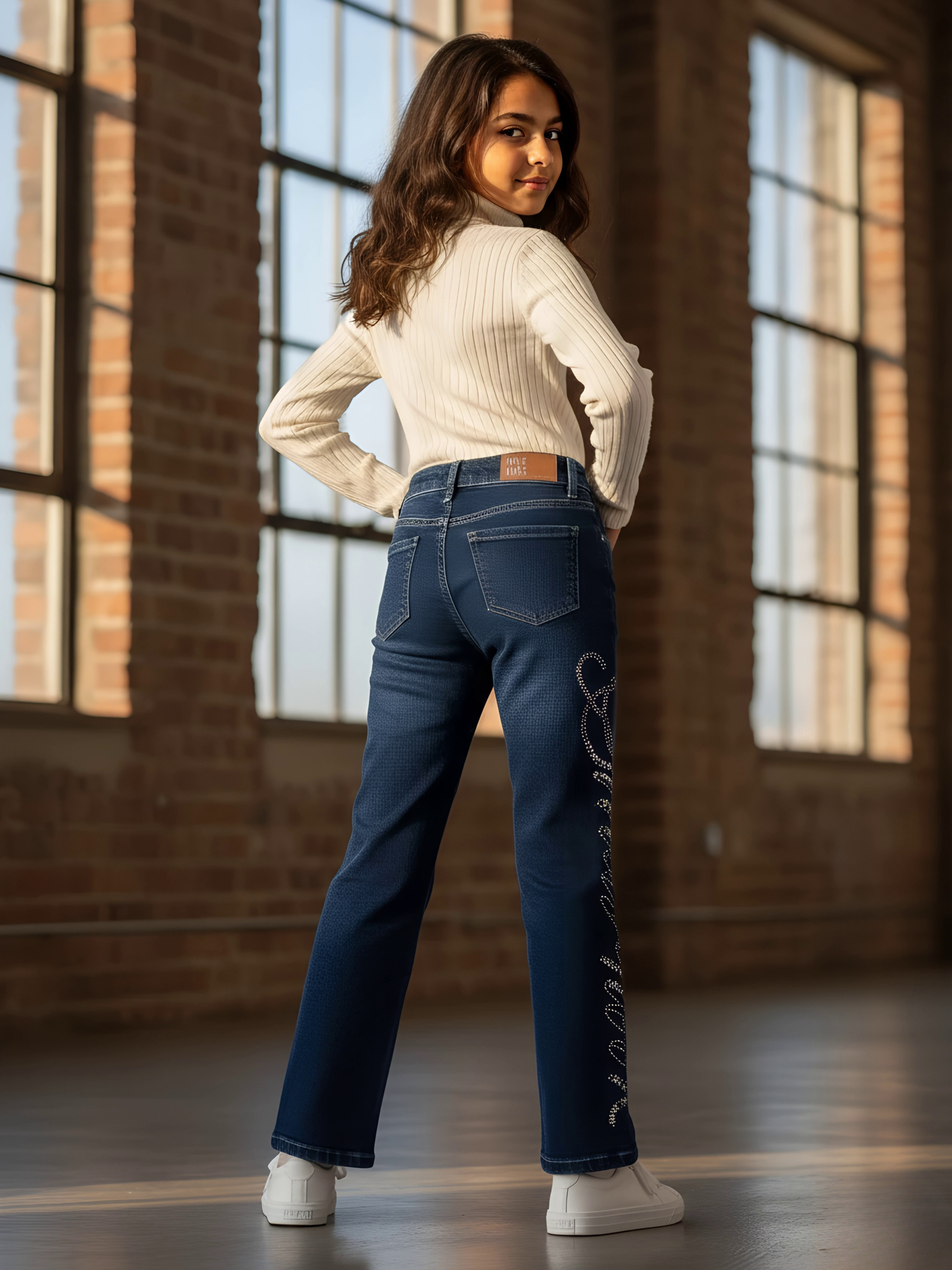 Girls' Blue Rhinestone Embellished Wide-Leg Jeans.