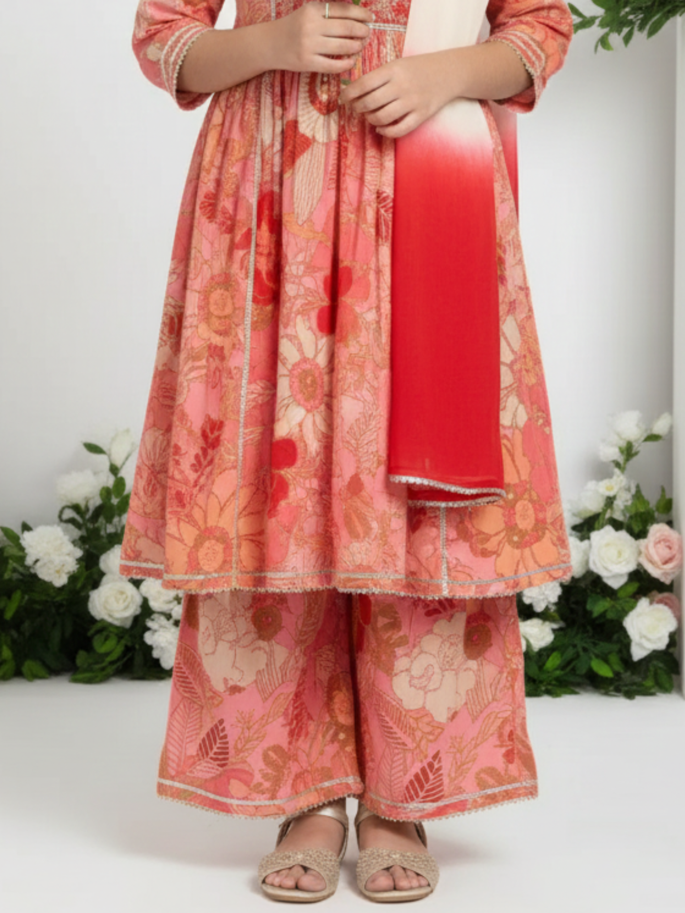 Girls' Coral Peach Floral Print Garara Suit with Tiered Kurti & Dupatta