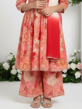 Girls' Coral Peach Floral Print Garara Suit with Tiered Kurti & Dupatta
