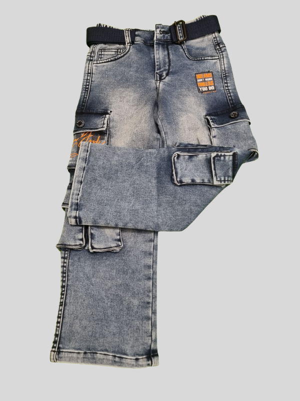 Boys Stylish Denim Cargo Jeans Pant with Belt  - Blue