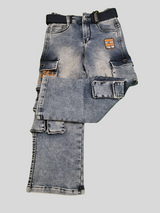 Boys Stylish Denim Cargo Jeans Pant with Belt  - Blue