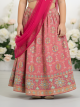 Girls' Festive Coral Pink Crop Top (Choli) and Embroidered Lehenga Skirt Set
