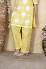 Girls' Yellow Cotton Chikankari Kurta and Trouser Set