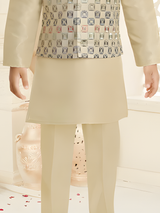 Boys' Festive Beige/Cream Kurta Set with Multi-Color Patterned Waistcoat