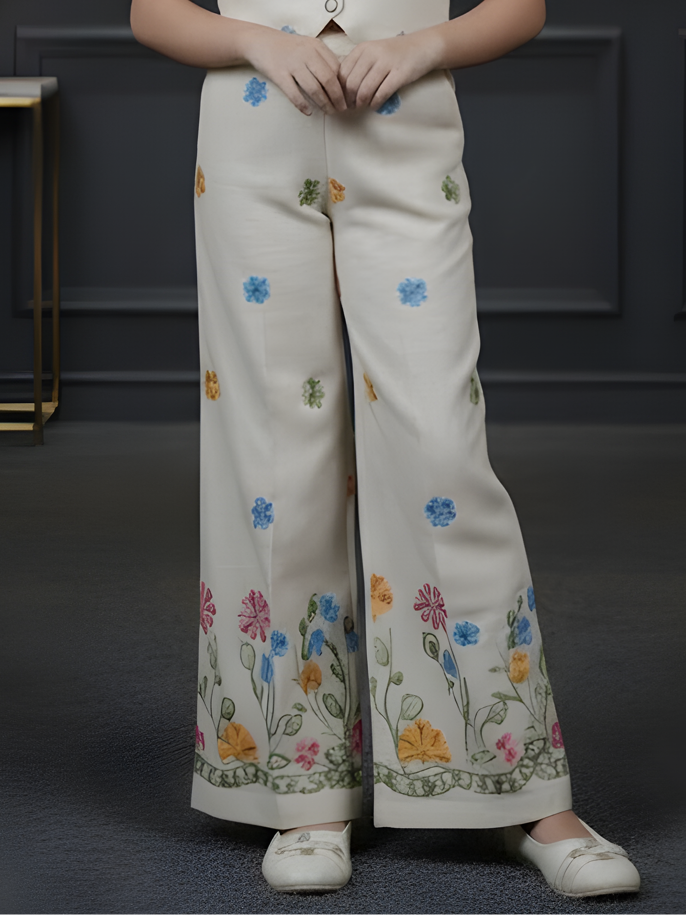 Girls' Cream Floral Embroidered Halter Vest & Wide-Leg Trouser Set