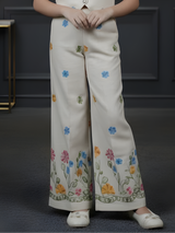 Girls' Cream Floral Embroidered Halter Vest & Wide-Leg Trouser Set